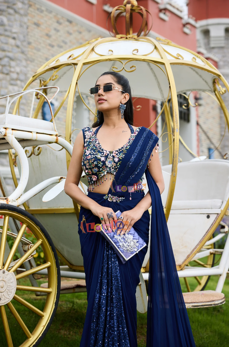 Navy Blue Designer Pre Draped Saree By La Pink
